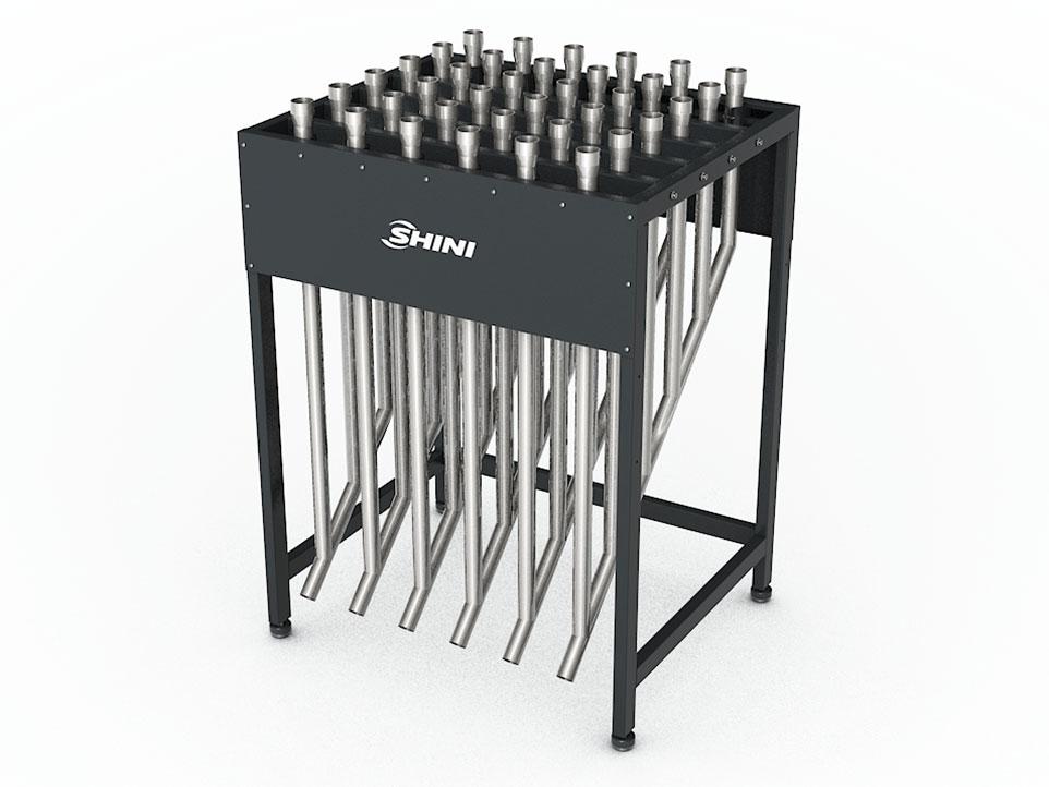 Shini material distribution station with quick-coupler selection tubes